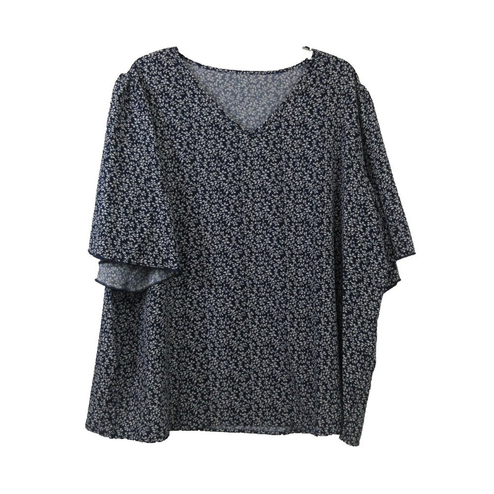 Womens Top Plus Sz 1X V-Neck Navy Blue White Floral Pullover Short Cape Sleeves